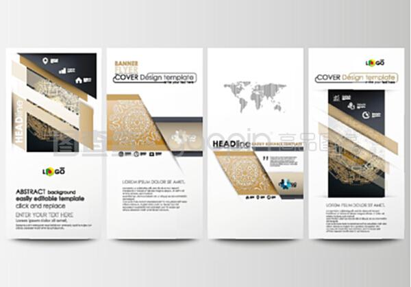 傳單集,現代條幅。商業模板。封面設計模板,易于編輯,抽象平面布局。金色技術背景,連接點和線的連接結構,科學矢量。